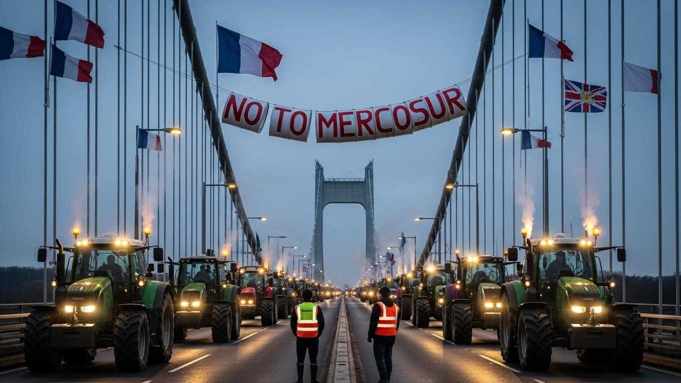 Des agriculteurs normands bloquent symboliquement le pont de Tancarville contre l’accord Mercosur. Concurrence déloyale, normes différentes : pourquoi la colère monte et ce que cela dit de l’avenir du monde rural.
