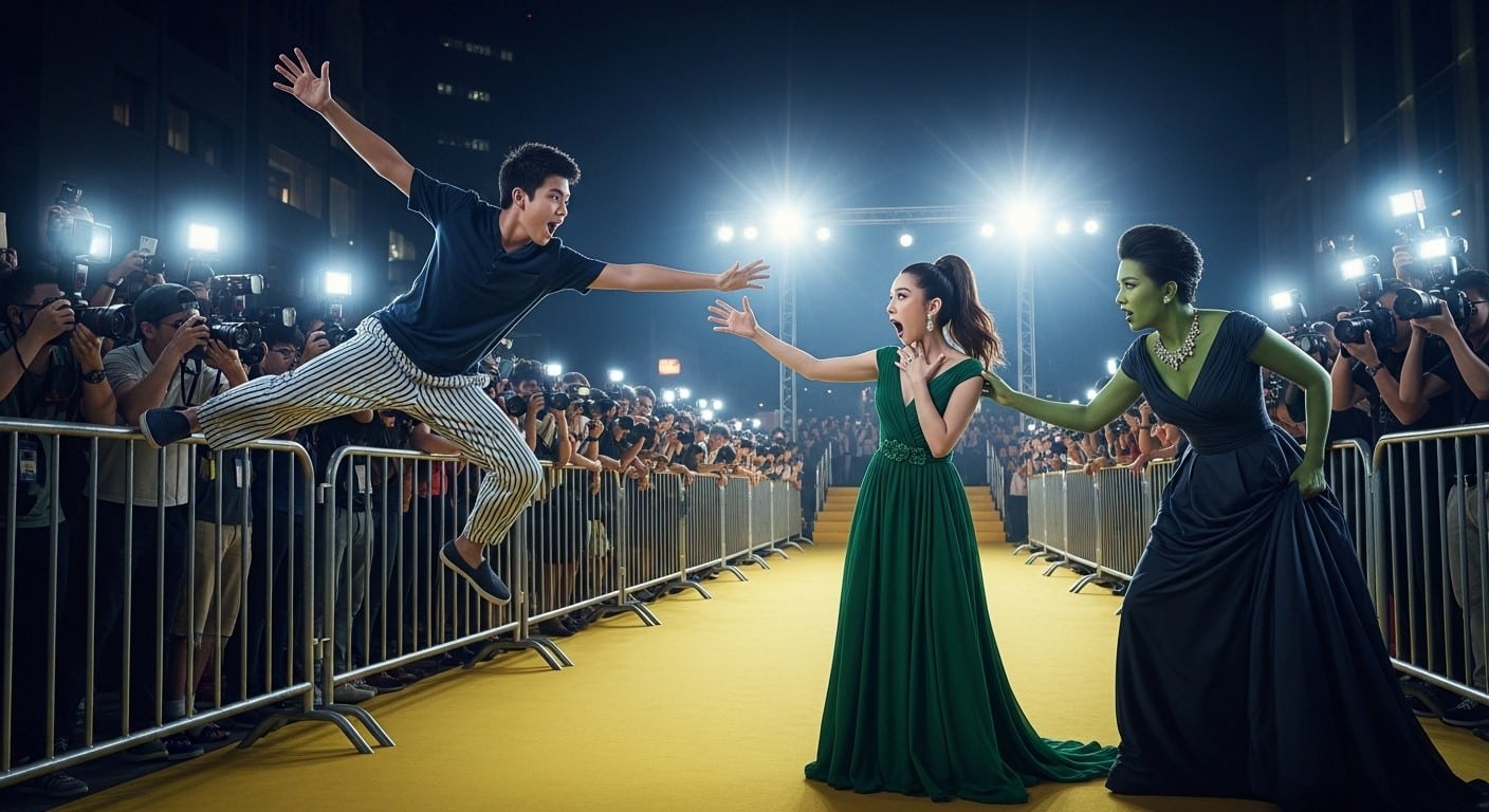 Un fan australien surnommé « Pyjama Man » a sauté sur Ariana Grande lors de l’avant-première de Wicked 2 à Singapour. Expulsé après 9 jours de prison, il est banni à vie. Récit complet d’un incident qui secoue Hollywood.