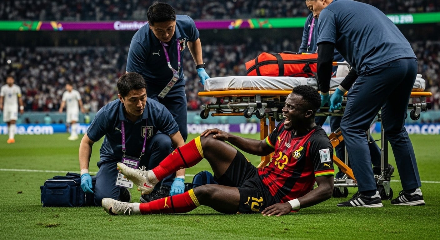 Découvrez les images choquantes de la grave blessure d'Abu Francis, milieu de Toulouse, lors du match Ghana-Japon. Absence de plusieurs mois et fin de saison. Soutien du club.