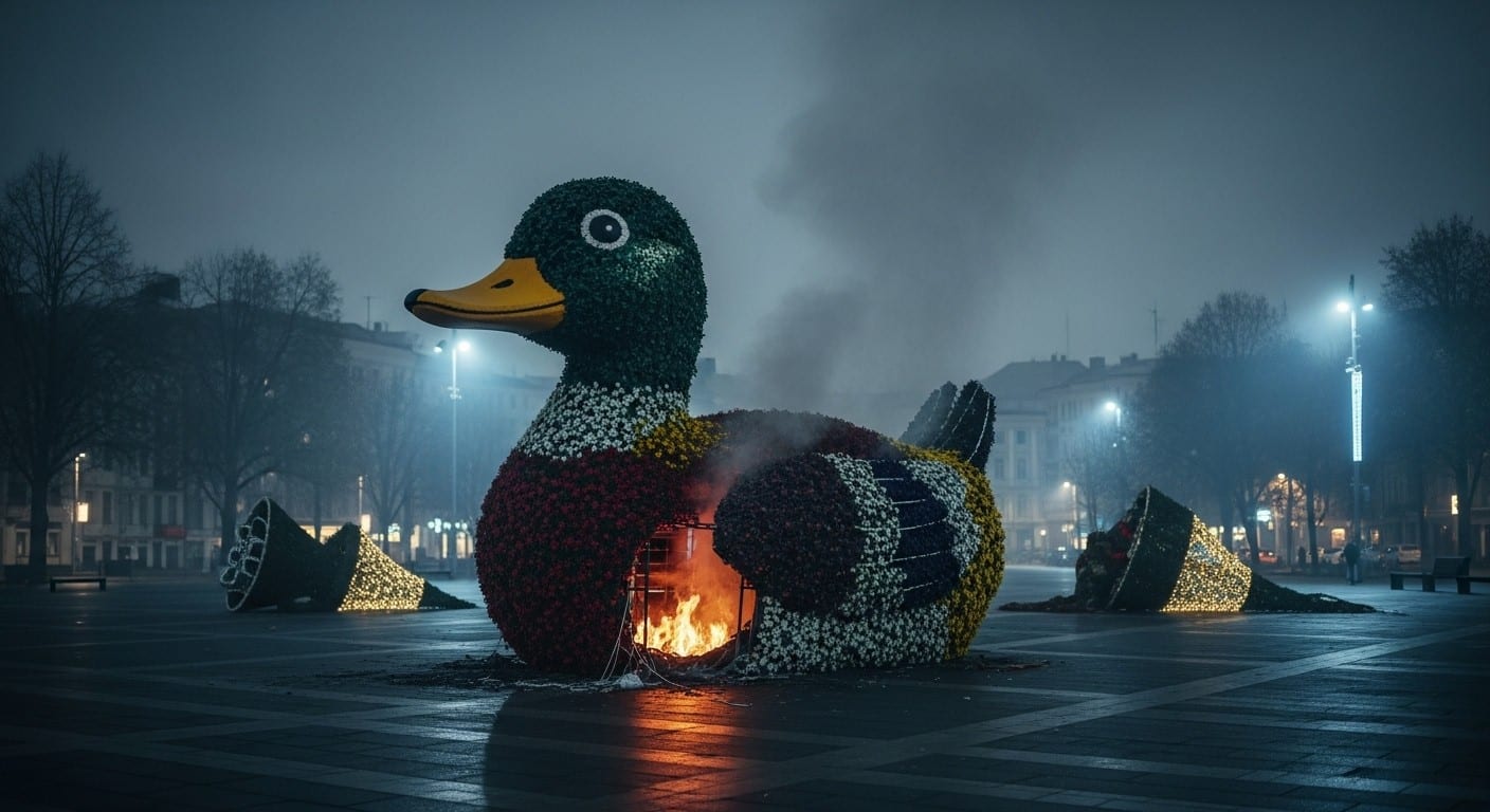 Après avoir été décapité en mai, le célèbre canard géant de Creil a été réduit en cendres en novembre. Symbole joyeux de la ville, il subit une série de vandalisme qui indigne les habitants.