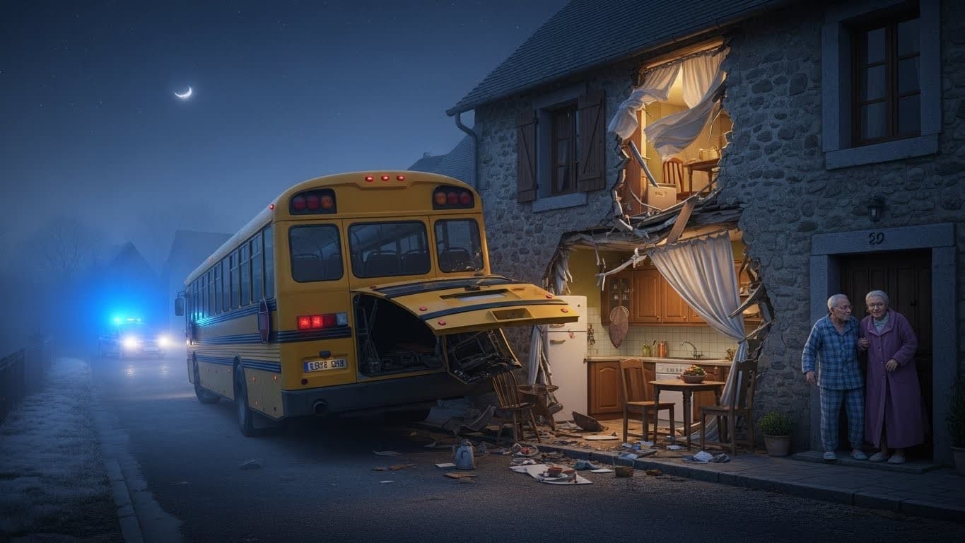 Un couple de retraités réveillé en sursaut à 4h35 : un car scolaire vide dévale la pente et pulvérise leur cuisine. Maison inhabitable, enquête en cours… Récit complet d’un accident aussi rare que spectaculaire.