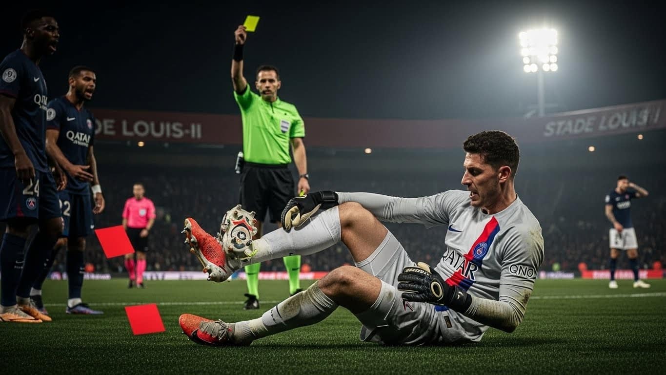 Monaco-PSG : un tacle violent sur Lucas Chevalier à la 12e minute n’a valu qu’un jaune. Colère contenue au PSG, débat arbitral brûlant en Ligue 1. Analyse complète d’un fait de match qui fait jaser.