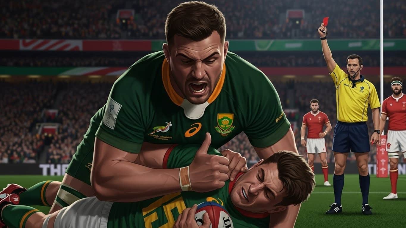 Découvrez le geste violent d’Eben Etzebeth face au pays de Galles qui choque le rugby mondial. Carton rouge, images choquantes et une suspension qui pourrait durer des années…