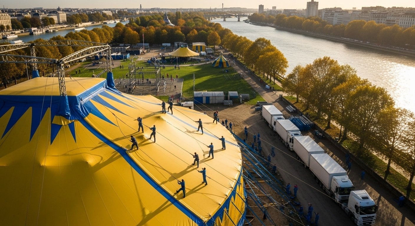 Découvrez les coulisses impressionnantes du Cirque du Soleil à Chatou : montage du chapiteau géant, équipe de 65 techniciens et superproduction mondiale jusqu'en janvier.