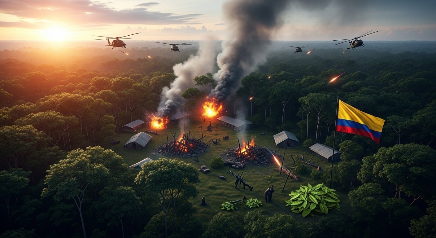 Découvrez les frappes aériennes en Colombie qui ont éliminé 19 dissidents ex-FARC. Contexte, enjeux politiques et narcotrafic sous Gustavo Petro. Analyse exclusive.