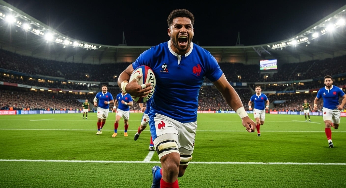 Découvrez le doublé historique de Damian Penaud face à l'Afrique du Sud, devenant seul recordman des essais avec les Bleus. Analyse complète du match et de sa carrière.