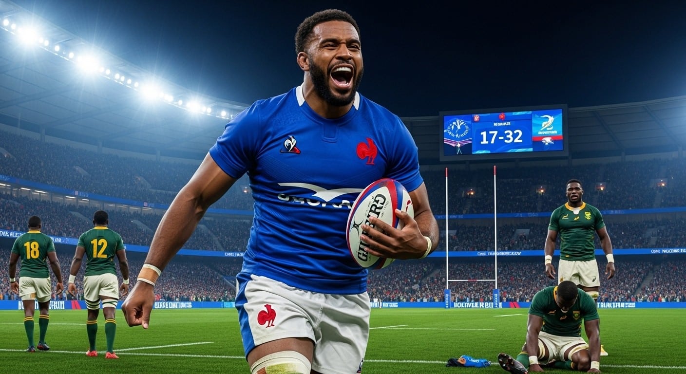 Découvrez comment Damian Penaud a inscrit un doublé historique face à l'Afrique du Sud, devenant seul recordman des essais du XV de France, malgré une défaite 17-32.