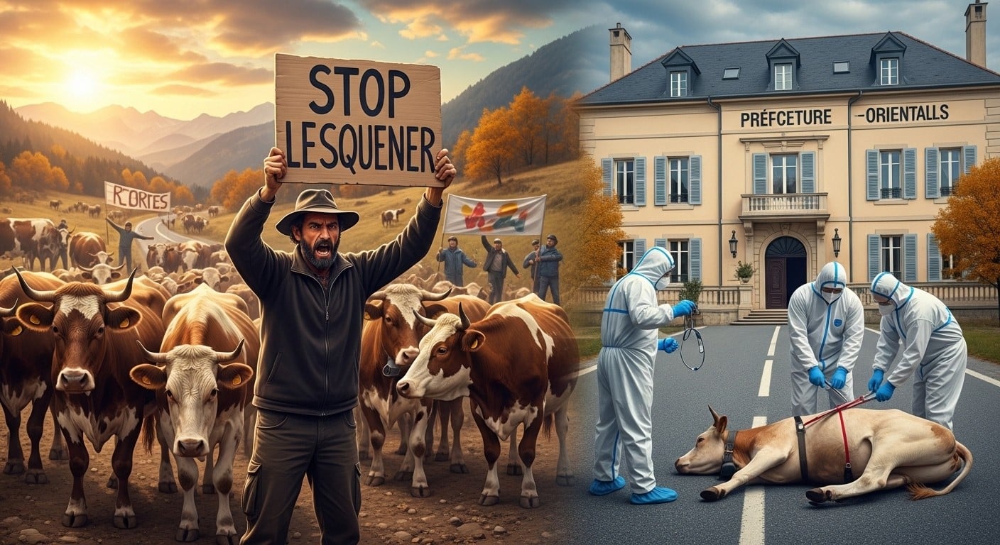 La dermatose nodulaire enflamme les Pyrénées-Orientales : 11 foyers, 350 bovins abattus, menaces contre le préfet. Éleveurs en rage contre les abattages. Découvrez le conflit sanitaire explosif.