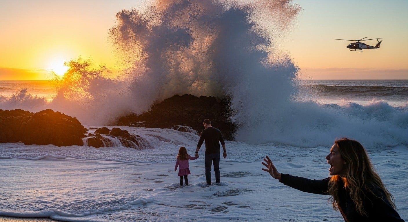 Découvrez le drame familial en Californie où une vague géante emporte un père et sa fille de 5 ans. Recherches en cours, mère hypothermique. Histoire choquante et leçons de sécurité côtière.