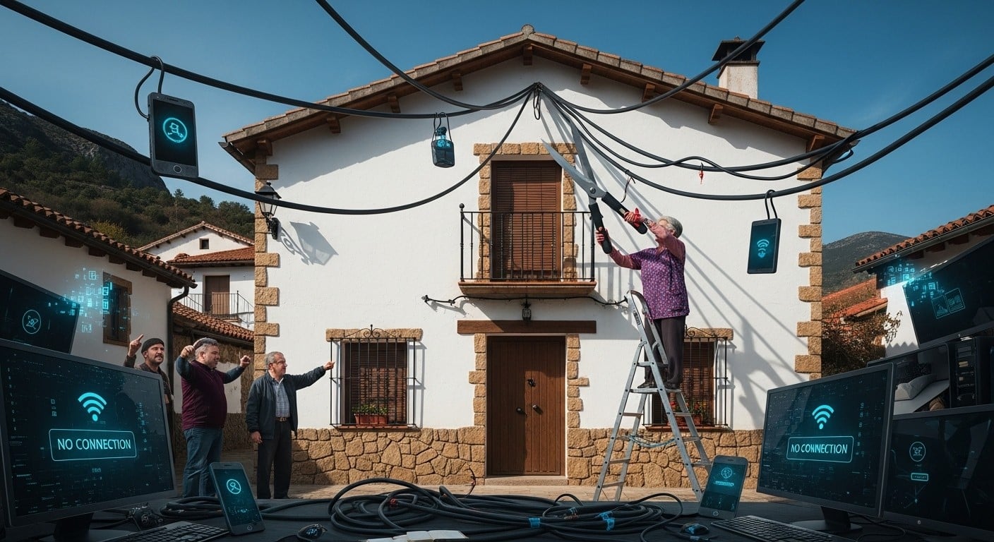Une femme espagnole exaspérée par des câbles pendants devant sa maison les sectionne… et plonge son village entier dans le noir numérique. Découvrez cette histoire folle qui révèle notre dépendance à Internet.