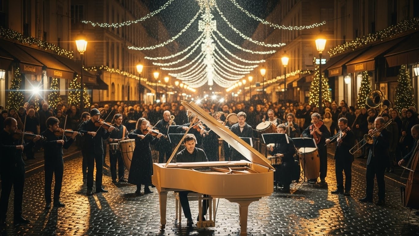 Découvrez le flash-mob géant de Noël à Paris par Julien Cohen : 100 musiciens dans la rue Royale, 300 millions de vues en 48h. Une folie musicale qui marque l'hiver 2025 !