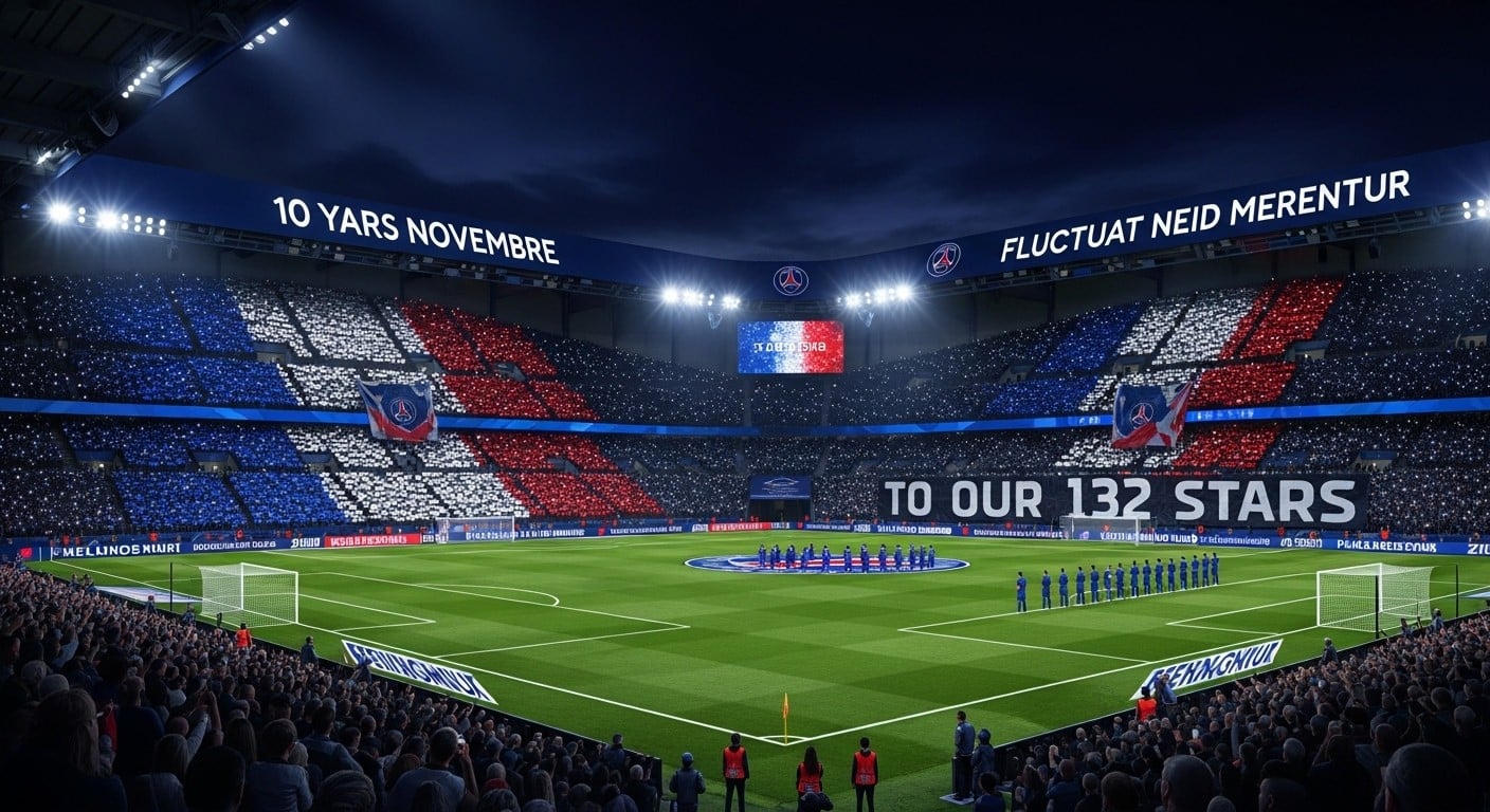Dix ans après les attentats du 13 novembre, revivez l'hommage émouvant au Parc des Princes lors de France-Ukraine : Marseillaise, tifo, silence... Une soirée inoubliable entre mémoire et qualification.