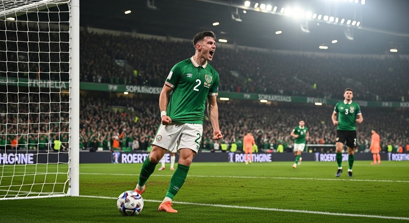Découvrez le triplé fou de Troy Parrott qui qualifie l'Irlande pour les barrages du Mondial 2026 face à la Hongrie. Un but à la 96e minute ! Joie irlandaise explosive.