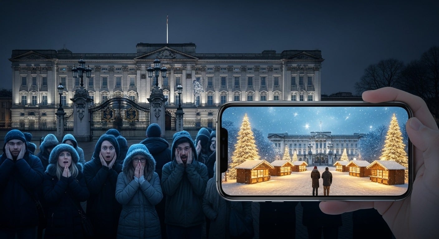 Des images magnifiques d’un marché de Noël féerique devant Buckingham Palace ont envahi les réseaux… mais c’était 100 % faux ! Comment l’IA a trompé touristes et Londoniens.