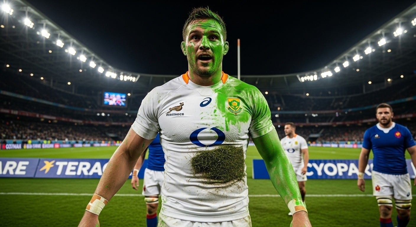 Découvrez le mystère des maillots tachés de vert fluo lors du match France-Afrique du Sud (17-32). Peinture fraîche sur la pelouse, réactions hilarantes et analyse complète d'un incident insolite au Stade de France.
