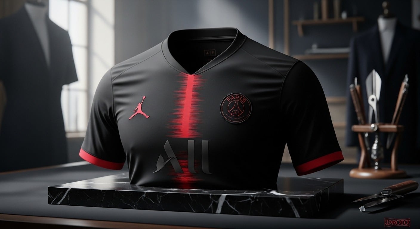 Découvrez en exclusivité le nouveau quatrième maillot du PSG pour 2025-2026 en collaboration avec Jordan. Noir profond, ligne rouge iconique… Va-t-il succéder au mythique Wings ?