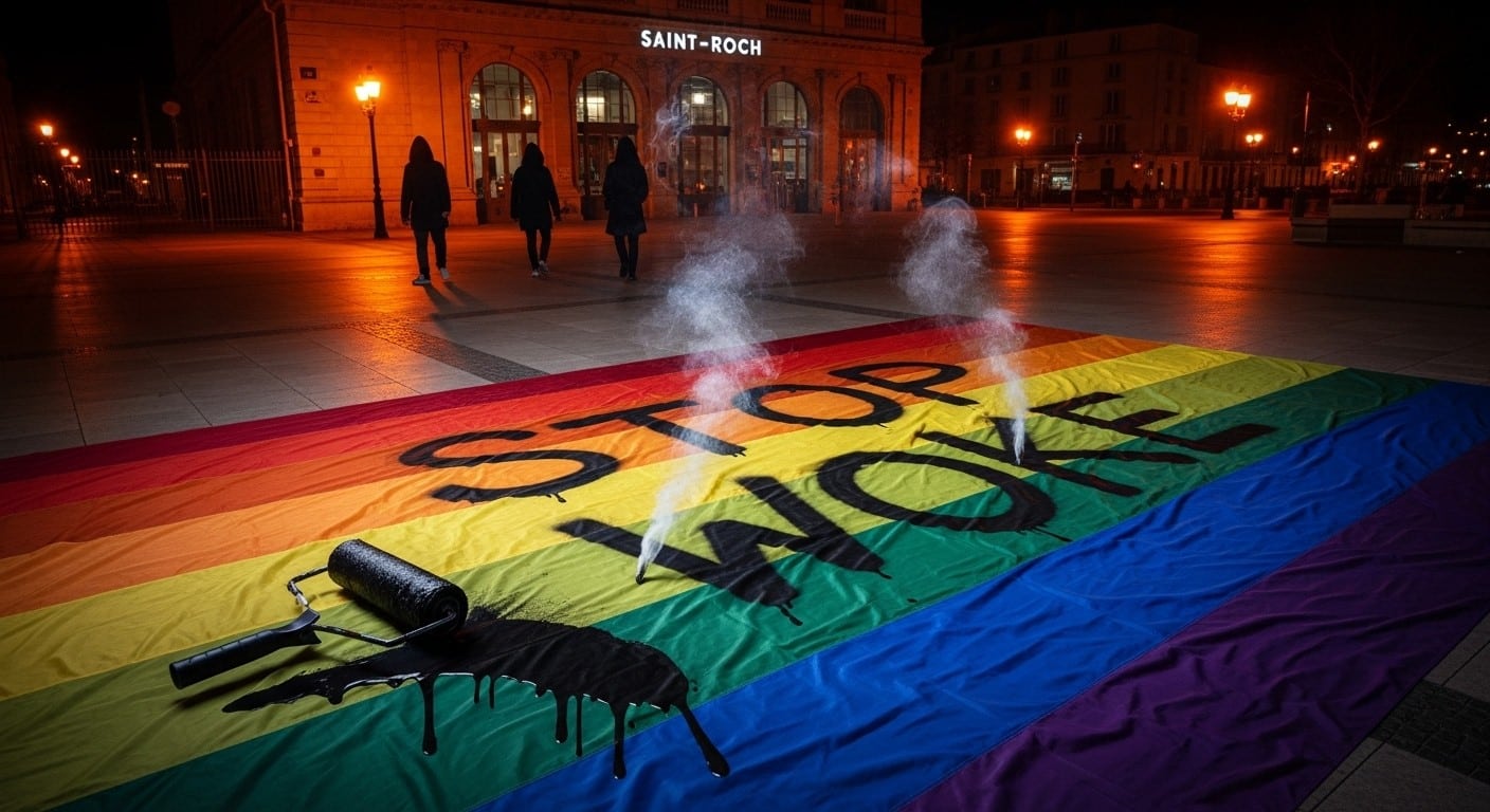 À Montpellier, un groupe revendiquant « Stop Woke » a tagué un immense drapeau arc-en-ciel et repeint un passage piéton. Le maire annonce une plainte ferme. Que s’est-il vraiment passé ?