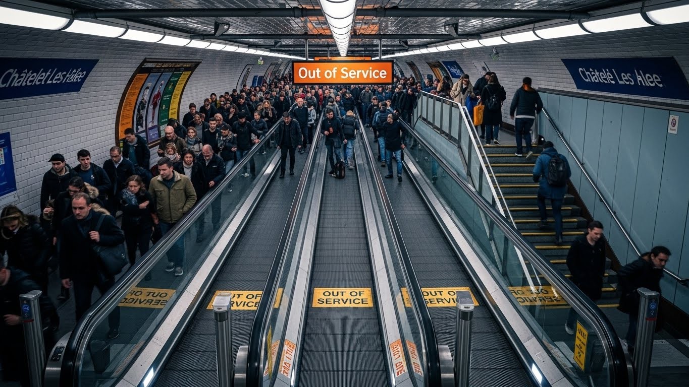 Les mythiques tapis roulants de Châtelet (métro Paris) à l’arrêt pour au moins six mois à cause d’un défaut de fabrication. Explications, conséquences et solutions de contournement dans cet article complet.
