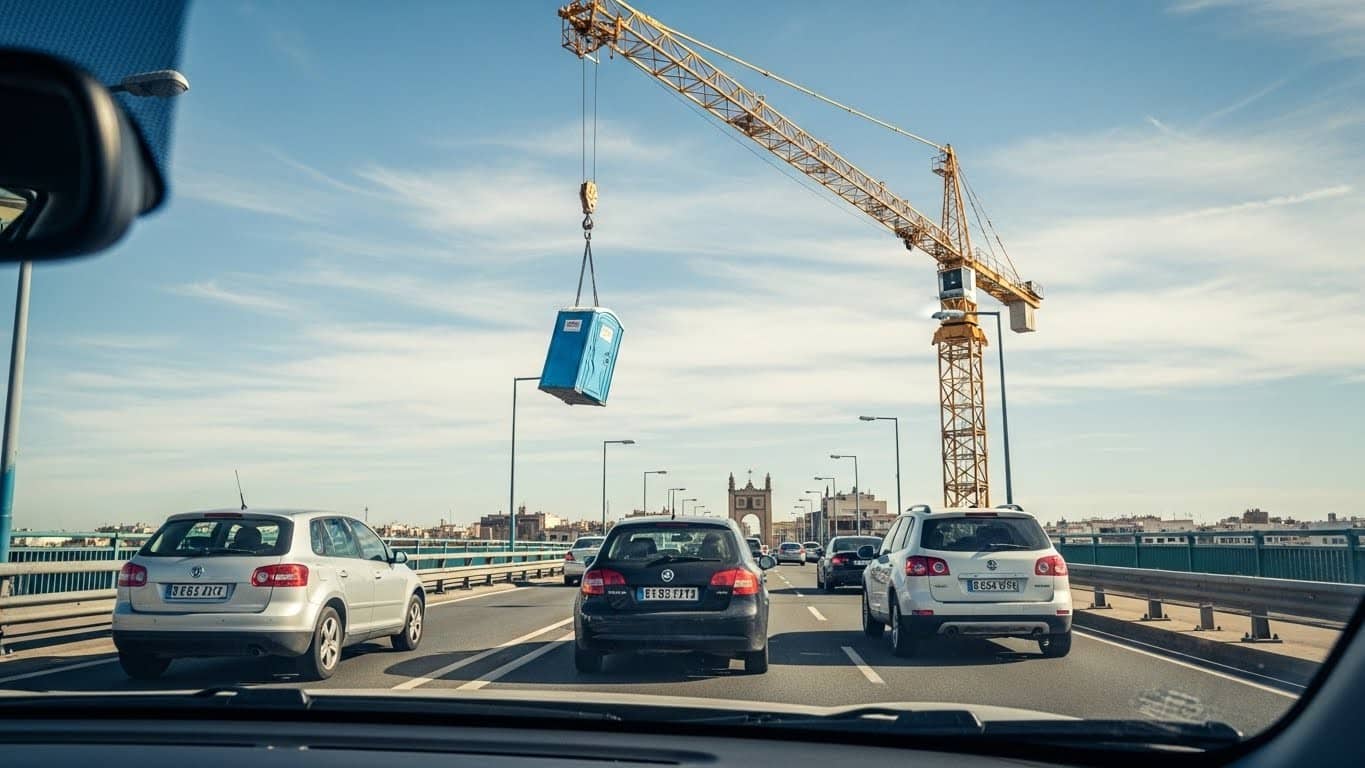 Incroyable mais vrai : des toilettes de chantier se décrochent d’une grue et s’écrasent sur un pont très fréquenté de Séville. Aucun blessé, mais une énorme frayeur. Découvrez comment le drame a été évité de justesse.