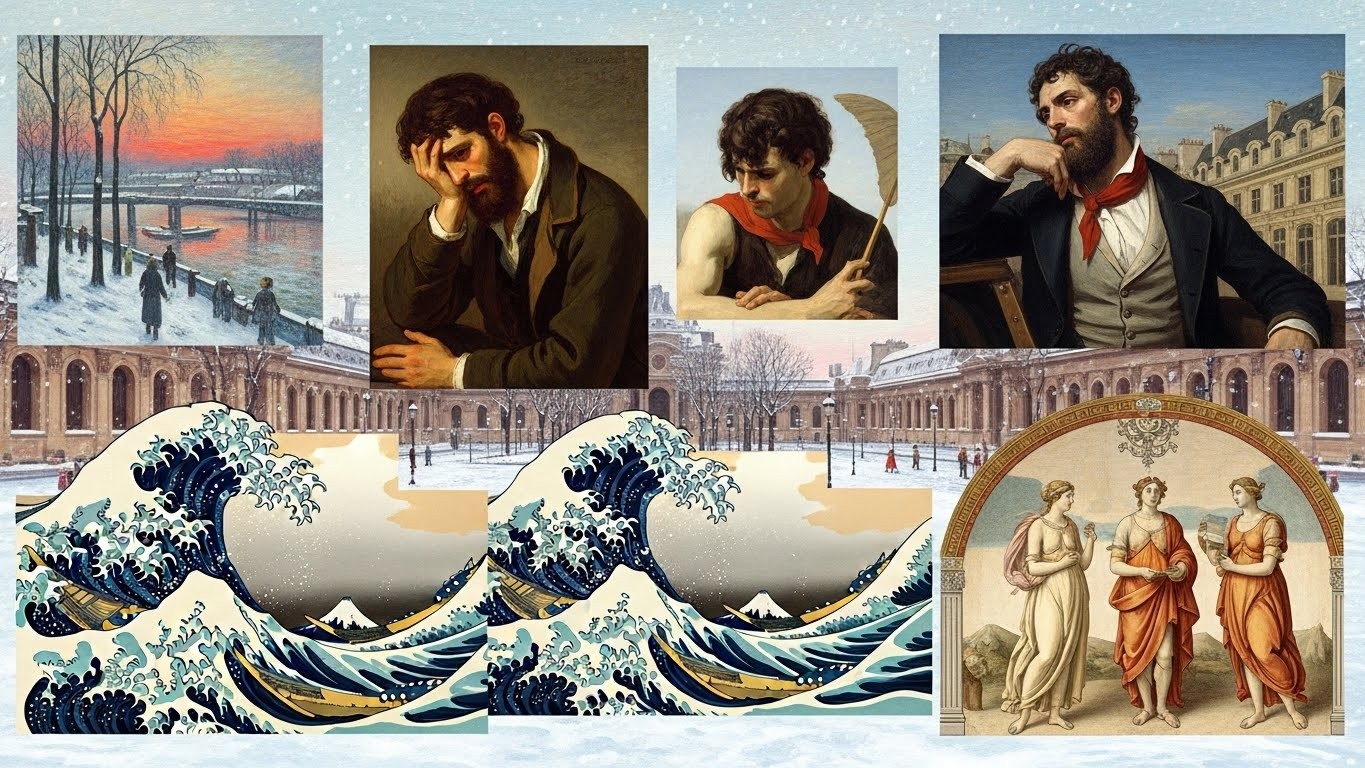 Découvrez 5 tableaux exceptionnels de Monet, Courbet, David, Hokusai et Raphaël visibles à Paris et Chantilly pendant les vacances de Noël. Des trésors artistiques à ne pas manquer pour émerveiller vos fêtes !