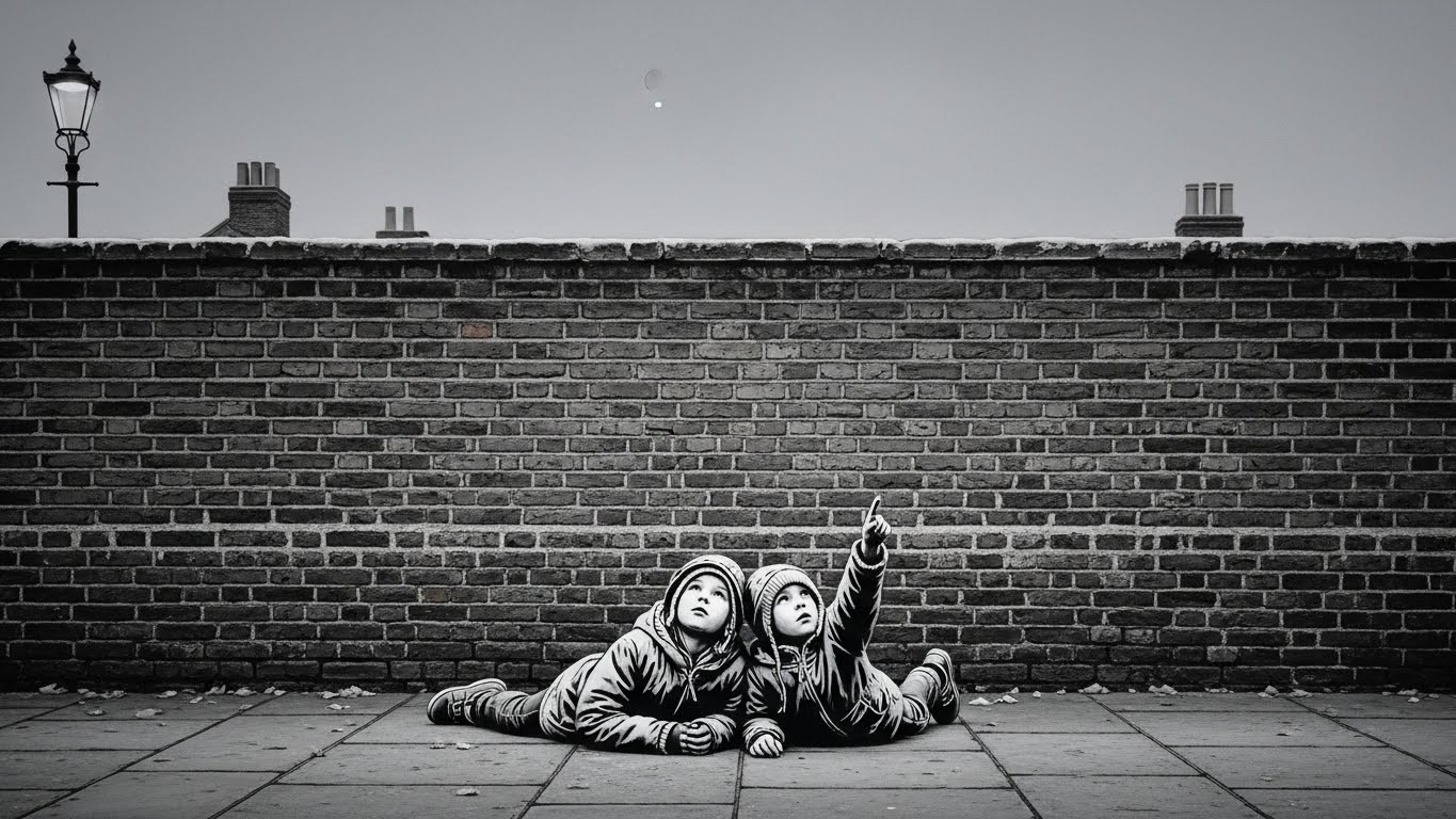 Découvrez le dernier pochoir de Banksy à Londres : deux enfants pointant le ciel. Un œuvre identique non revendiquée intrigue la capitale. Mystère ou copie ? Plongez dans l'analyse.