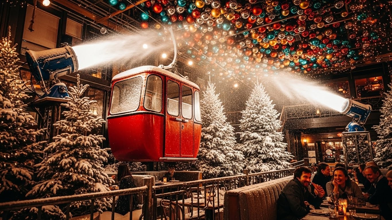 Découvrez Gertrude à Compiègne : télécabine authentique, 6000 boules de Noël et canons à neige transforment ce resto en station de ski enchantée. Une idée déco folle à vivre cet hiver !