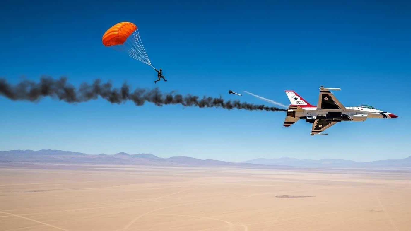 Découvrez le récit haletant du crash d’un F-16 des Thunderbirds dans le désert californien. Le pilote s’en sort vivant après une éjection in extremis. Que s’est-il passé ?