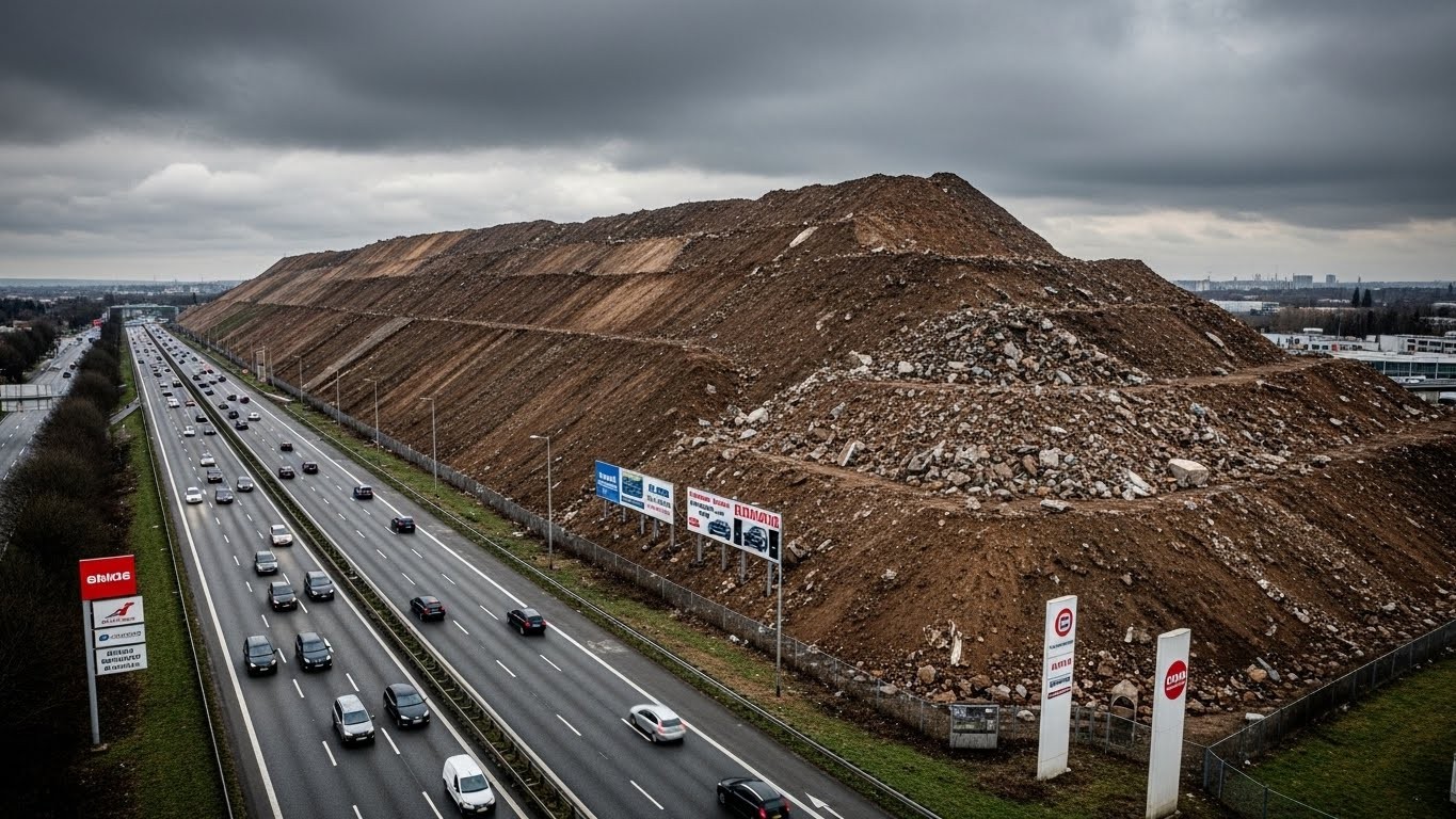 Une montagne de 142 tonnes de terre au bord de la N104 à Corbeil-Essonnes. Le parquet demande 150 000 € d’amende et de la prison ferme contre le patron accusé d’avoir organisé cette décharge sauvage géante.