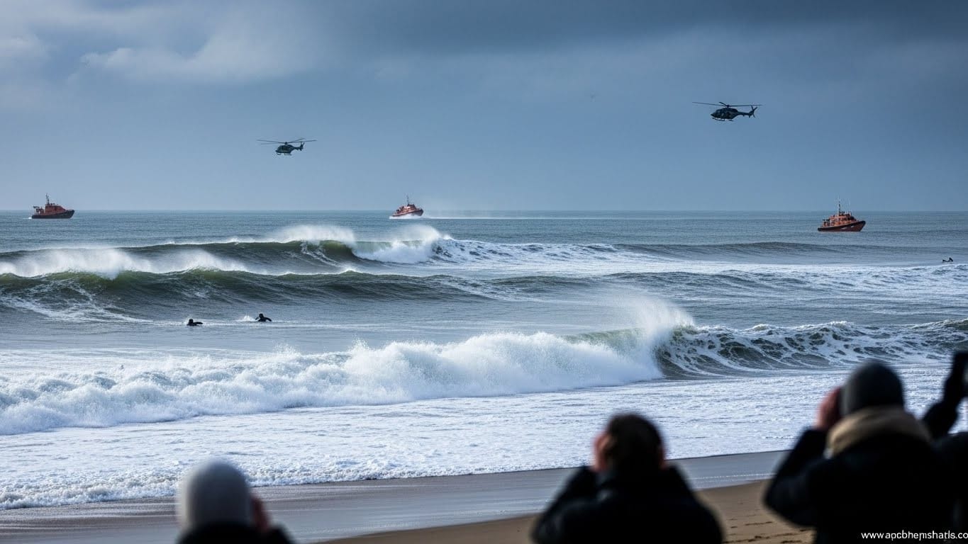 Découvrez le drame survenu lors de la traditionnelle baignade de Noël en Angleterre : deux hommes portés disparus en mer, nombreux baigneurs en difficulté face à des vagues déchaînées. Un Noël tragique.