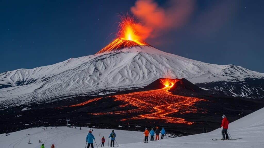 Éruption de l&rsquo;Etna : Jets de Lave et Neige en Spectacle