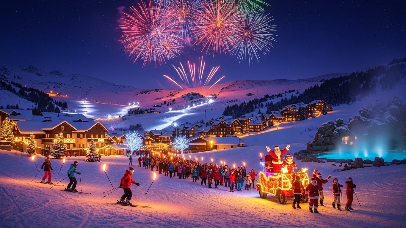Découvrez les animations festives des stations des Pyrénées-Orientales pour Noël et le Nouvel An : parades, feux d'artifice, ski nocturne... Une ambiance magique en montagne vous attend !