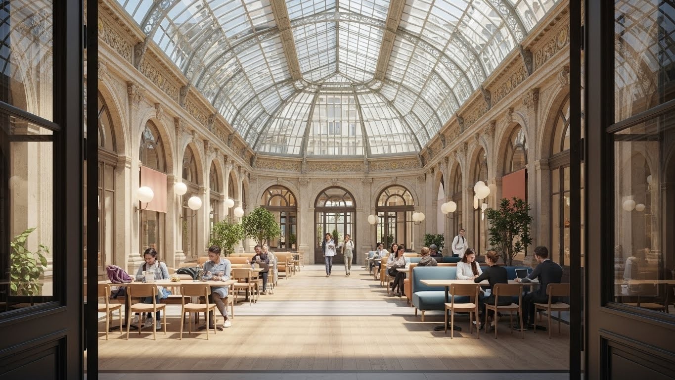 Découvrez la galerie Colbert à Paris, rénovée après 18 mois de travaux. Un passage historique devenu lumineux et convivial pour étudiants et visiteurs. Un joyau du patrimoine parisien retrouvé.