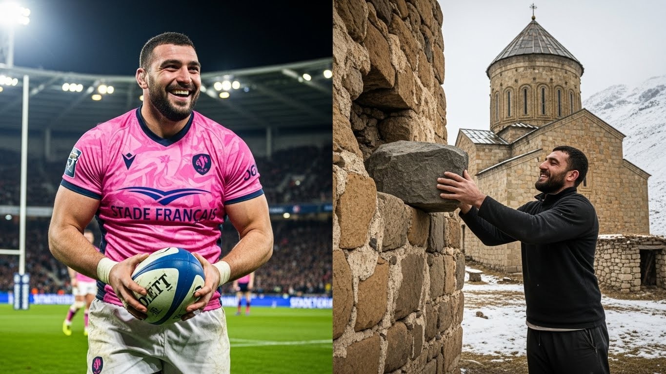 Découvrez Giorgi Melikidze, pilier droit du Stade Français : force sur le terrain, 5 essais marqués, et un projet touchant de rénovation d'église en Géorgie. Un joueur attachant et inspirant.