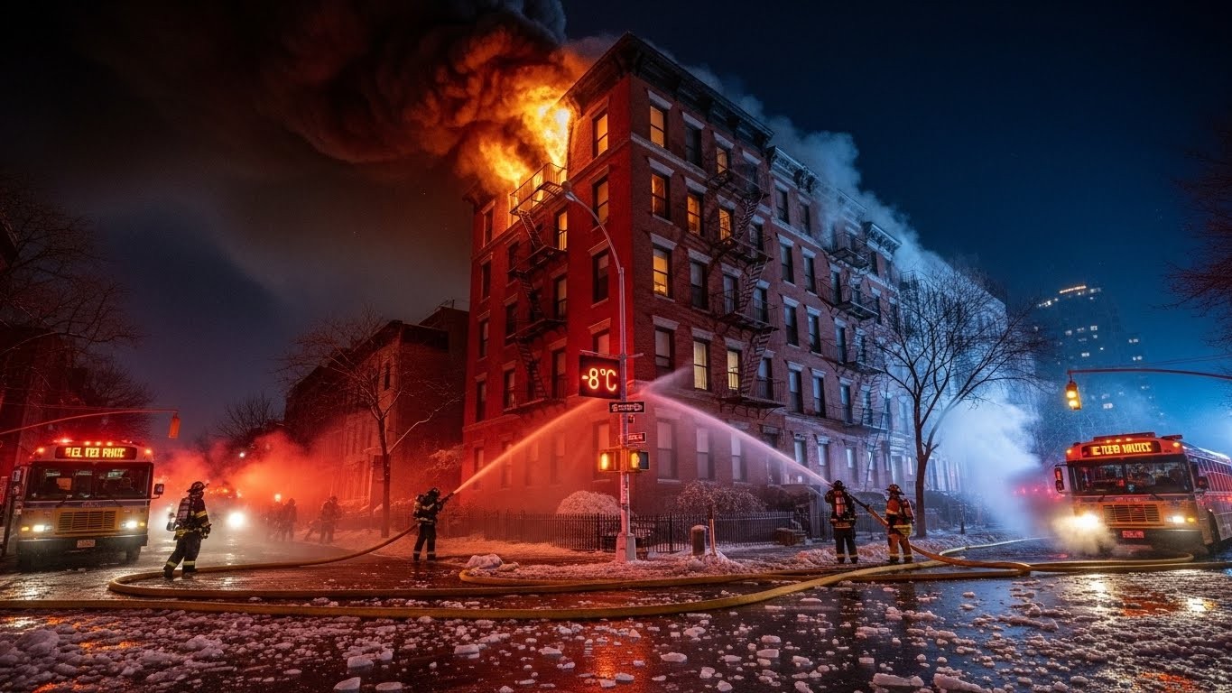 Découvrez les images impressionnantes d’un violent incendie qui a ravagé un immeuble de l’Upper West Side à New York ce 9 décembre 2025, en pleine vague de gel à -8°C. Trois blessés, toit effondré… récit complet.