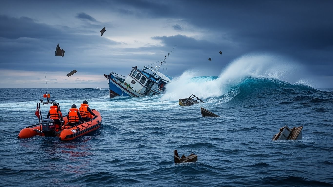 Un bateau de tourisme coule près de l'île de Padar en Indonésie : un père espagnol et trois de ses enfants portés disparus. Sept rescapés, dont l'épouse. Les recherches continuent face à des vagues gigantesques. Drame familial en plein voyage de rêve.