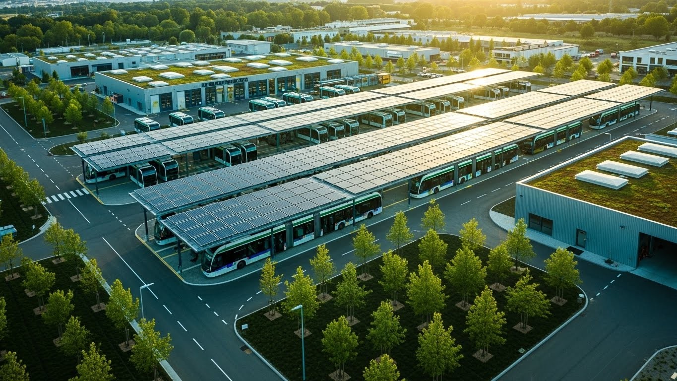 Découvrez le nouveau centre T2C à Cournon-d'Auvergne : 7 hectares, 100% autonome en énergie solaire et prêt pour 190 bus électriques. Le futur des transports à Clermont commence ici !