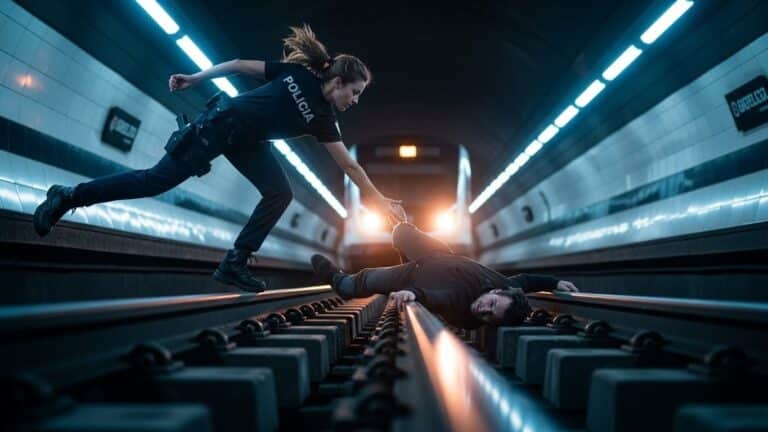 Policière Sauve Homme Tombé sur Voies Métro Barcelone