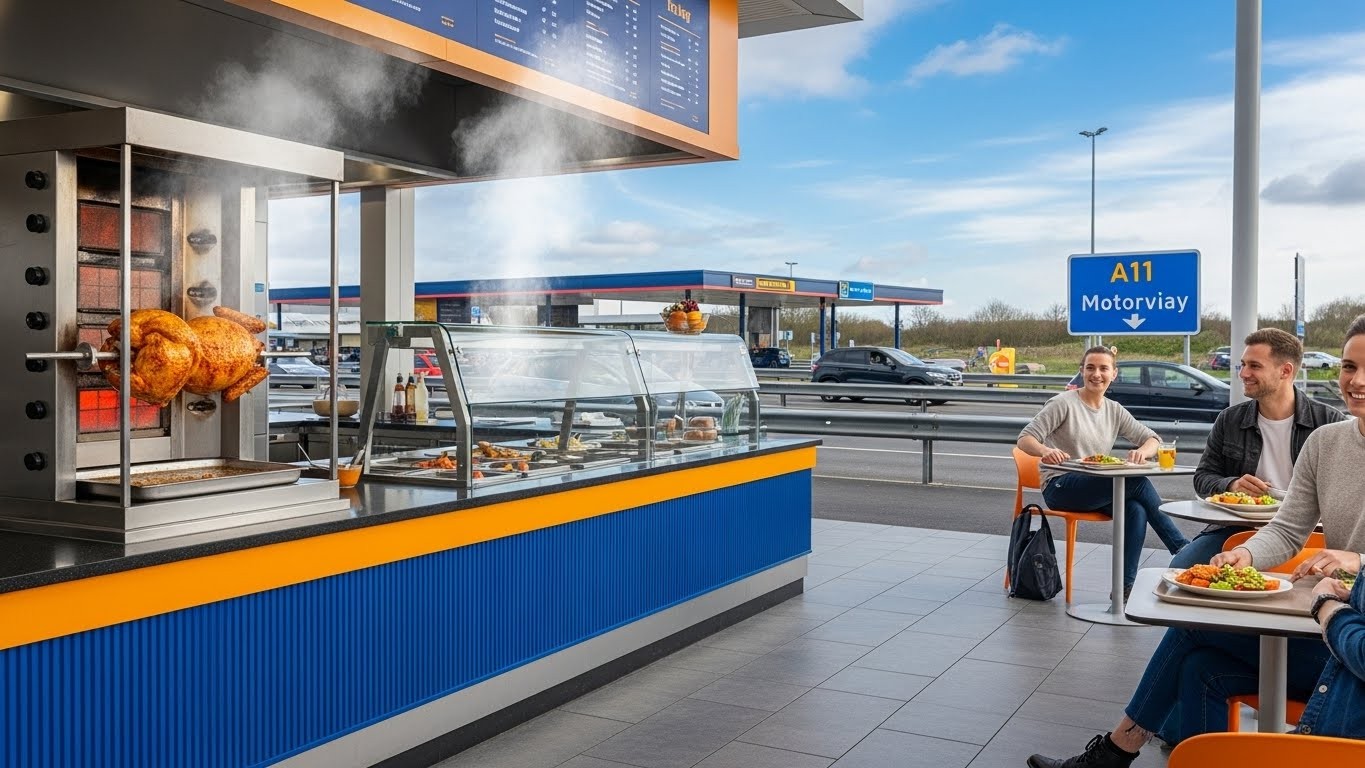 Découvrez le nouveau spot restauration sur l'A11 avec les poulets fermiers de Loué rôtis sur place. Qualité Label Rouge, produits locaux et menus savoureux pour une pause autoroute inoubliable.