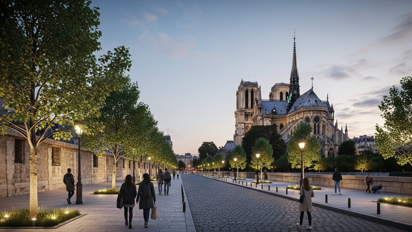 Découvrez la transformation des abords de Notre-Dame de Paris : rues piétonnes, arbres plantés, nouveau visage pour l'île de la Cité. Un projet ambitieux qui promet de sublimer ce lieu iconique dès 2026.