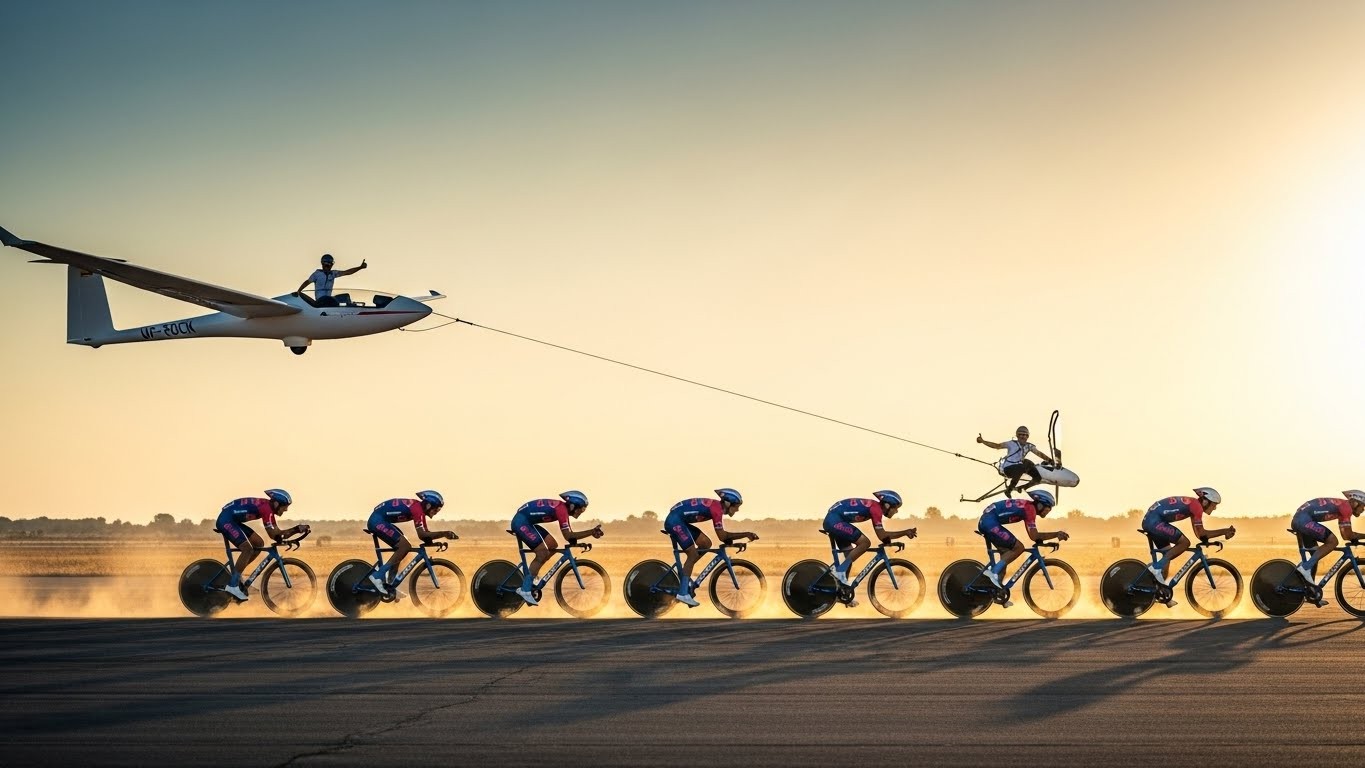 Découvrez la vidéo hallucinante où 9 coureurs Red Bull-Bora font littéralement décoller un planeur grâce à leurs jambes. 6500 watts de puissance pure : est-ce la pub la plus folle de l’histoire du cyclisme ?