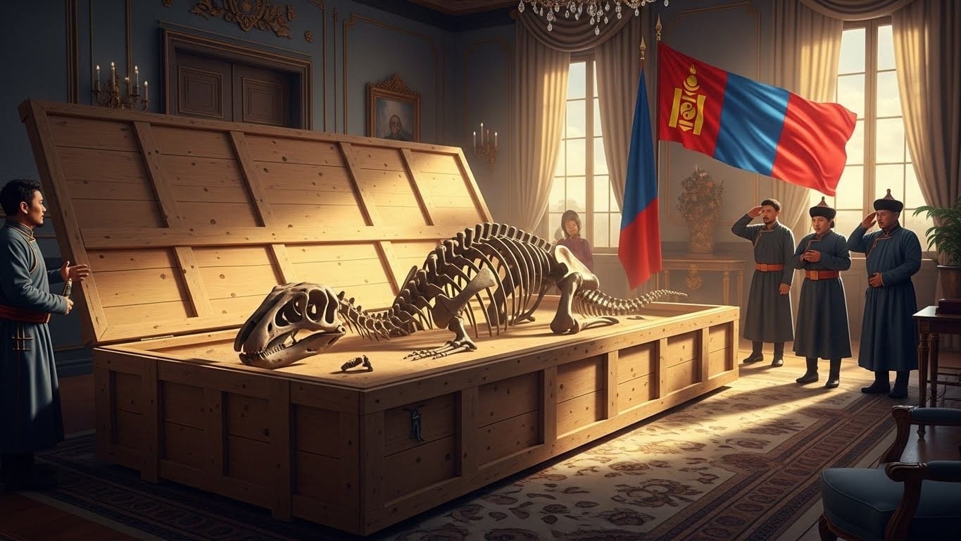 Après 10 ans de saisie, la France restitue à la Mongolie un squelette complet de Tarbosaurus baatar, cousin asiatique du T-Rex. Une victoire contre le trafic de fossiles vieux de 70 millions d’années.