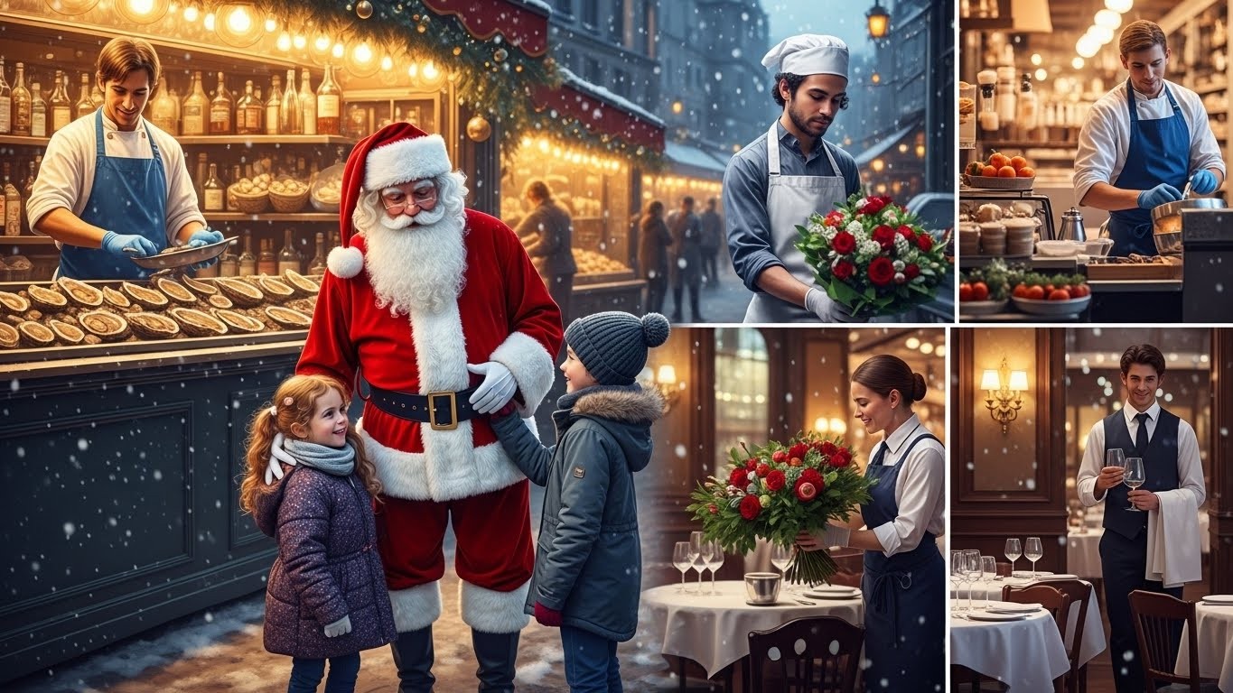 Le soir du réveillon, pendant que vous fêtez, écaillers, fleuristes, Pères Noël et restaurateurs bossent dur. Découvrez ces héros du quotidien qui font la magie de Noël.