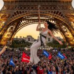 Santa Saute de la Tour Eiffel en Tyrolienne pour le Téléthon