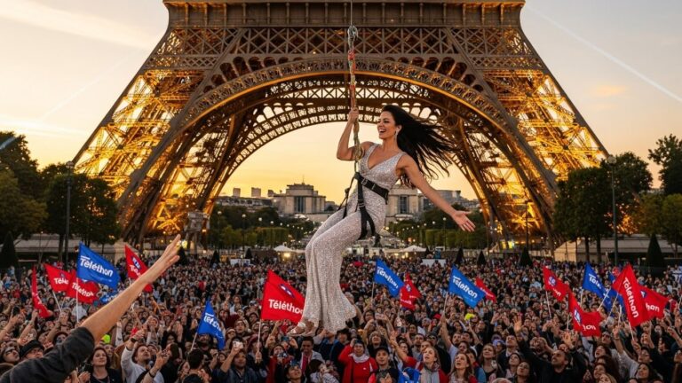 Santa Saute de la Tour Eiffel en Tyrolienne pour le Téléthon