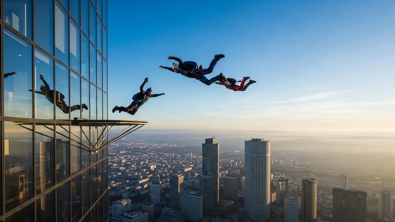 Dimanche matin à La Défense, trois hommes sautent en parachute depuis la tour Areva (178 m) et s’évaporent avant l’arrivée de la police. Une opération éclair qui interpelle sur la sécurité des gratte-ciel.