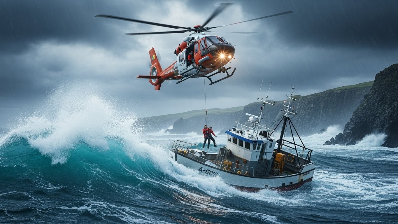 Découvrez le sauvetage héroïque des 14 marins d'un chalutier français échoué en mer d'Irlande. Héli-tréuillage impressionnant malgré les conditions extrêmes. Une opération qui captive !