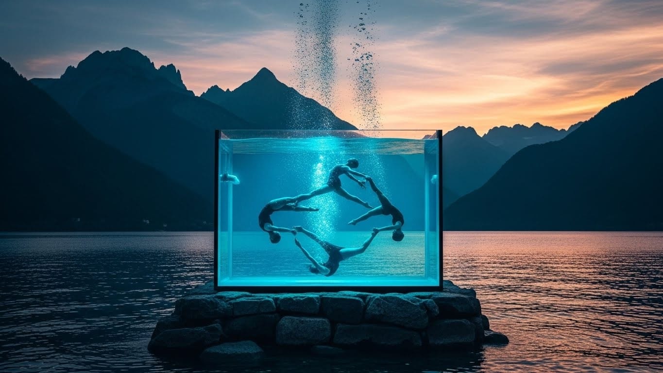 Découvrez Naïade, le spectacle de cirque en apnée dans un aquarium géant par la compagnie Out of the blue. Première en juin 2026 au lac de Barbazan : une chorégraphie poétique et hypnotique qui défie la gravité !