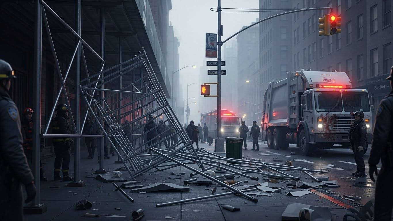 Une femme perd la vie à New York, écrasée par un échafaudage effondré après une collision. Découvrez les détails de ce drame urbain et les questions sur la sécurité des chantiers.
