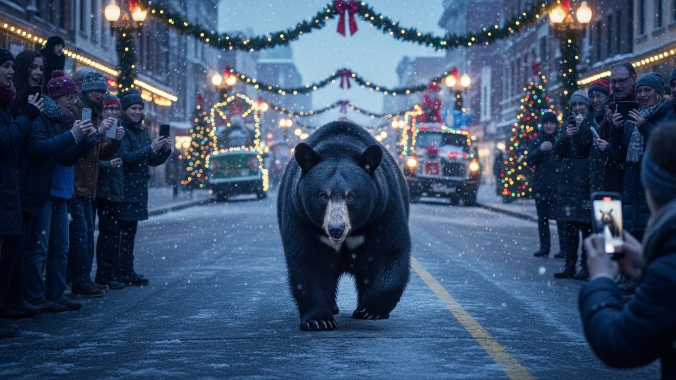 Un ours noir s’invite tranquillement au milieu d’un grand défilé de Noël aux États-Unis. Entre panique, photos virales et menace d’euthanasie, l’histoire d’un animal trop habitué aux humains.