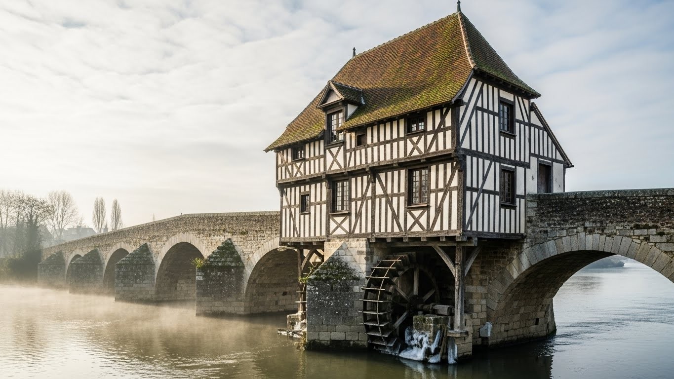 Découvrez l’histoire incroyable du Vieux-Moulin de Vernon, ce joyau à colombages posé sur la Seine, enfin inscrit aux Monuments Historiques après des siècles d’aventures et de négligence.